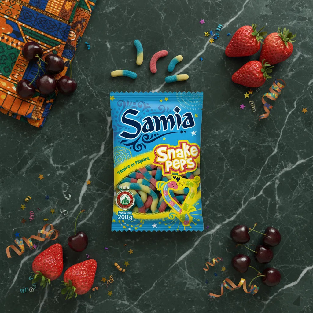 Paquet de bonbons Snake Pep's halal Samia entouré de fruits rouges et confettis, friandises gélifiées colorées pour épicerie sucrée festive.