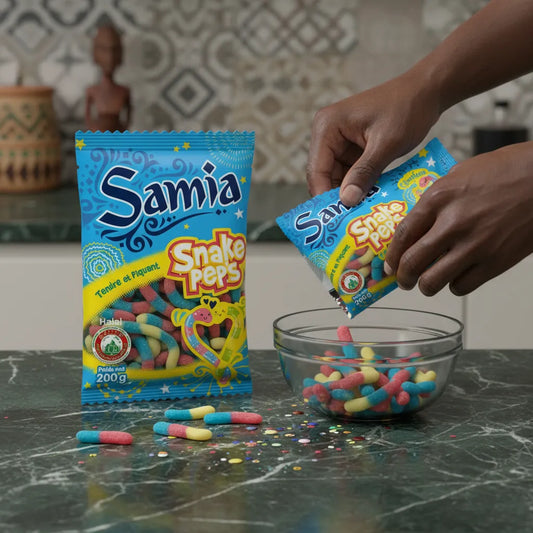 Main versant des bonbons Snake Pep's halal Samia dans un bol, friandises gélifiées multicolores parfaites pour les enfants et les fêtes.