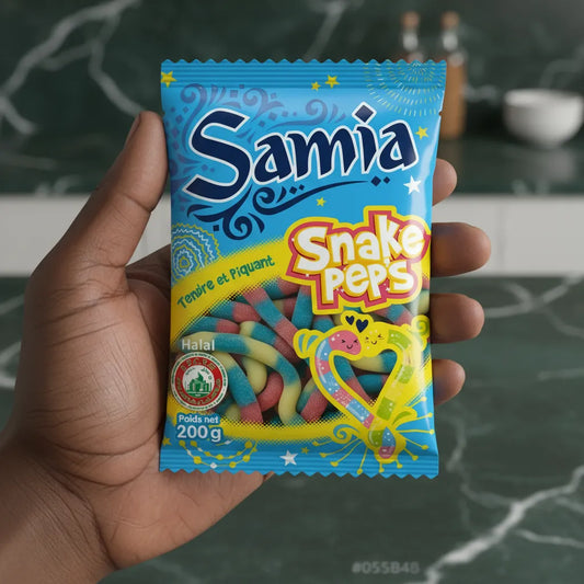 Main tenant un paquet de bonbons Snake Pep's halal Samia 200g, friandises gélifiées acidulées en forme de serpent, produit d'épicerie sucrée halal.