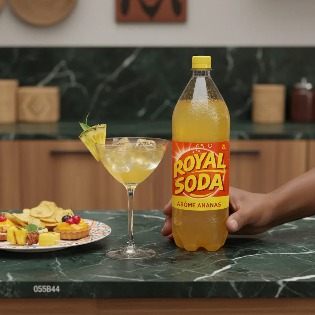 Boisson gazeuse ROYAL SODA ananas servie avec glaçons et tranche d’ananas, accompagnée d’un apéritif sur table de cuisine moderne.