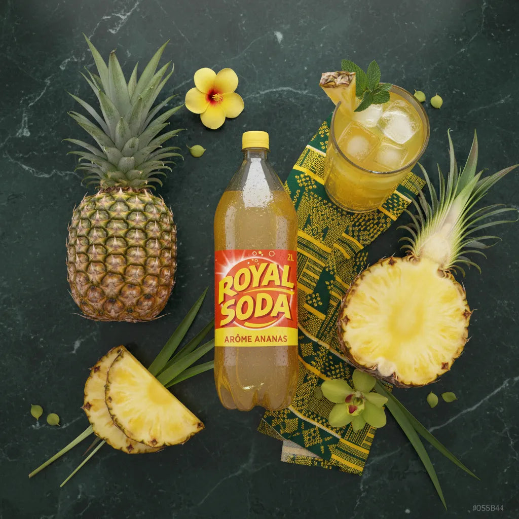 ROYAL SODA arôme ananas entouré de fruits tropicaux et boisson glacée, illustrant une expérience gustative exotique et pétillante.