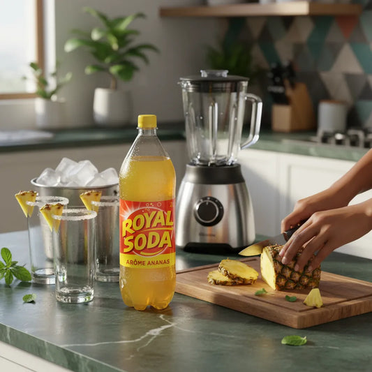 ROYAL SODA ananas tropical sur un plan de travail avec ananas frais et blender, parfait pour des cocktails fruités maison.