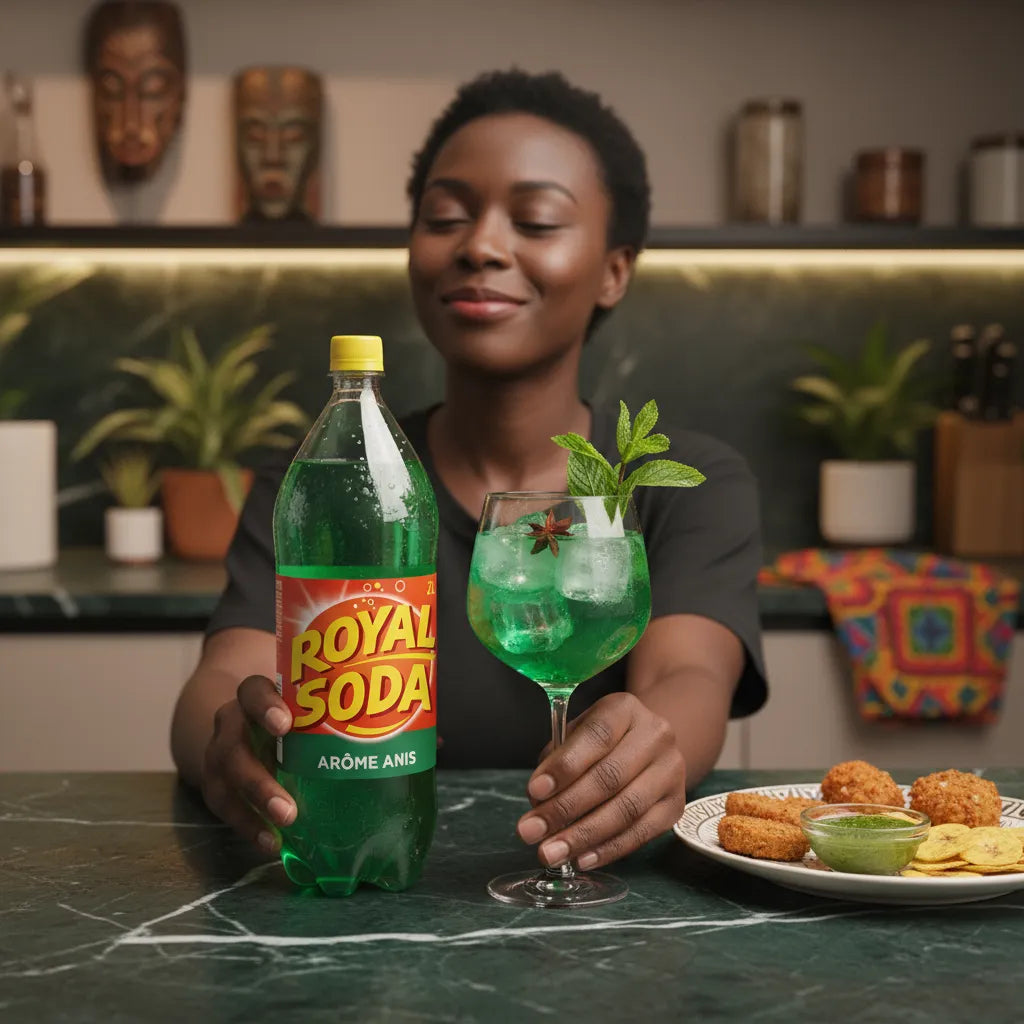 Femme souriante servant un verre de ROYAL SODA goût anis, boisson rafraîchissante accompagnée de mets, parfaite pour les repas conviviaux.