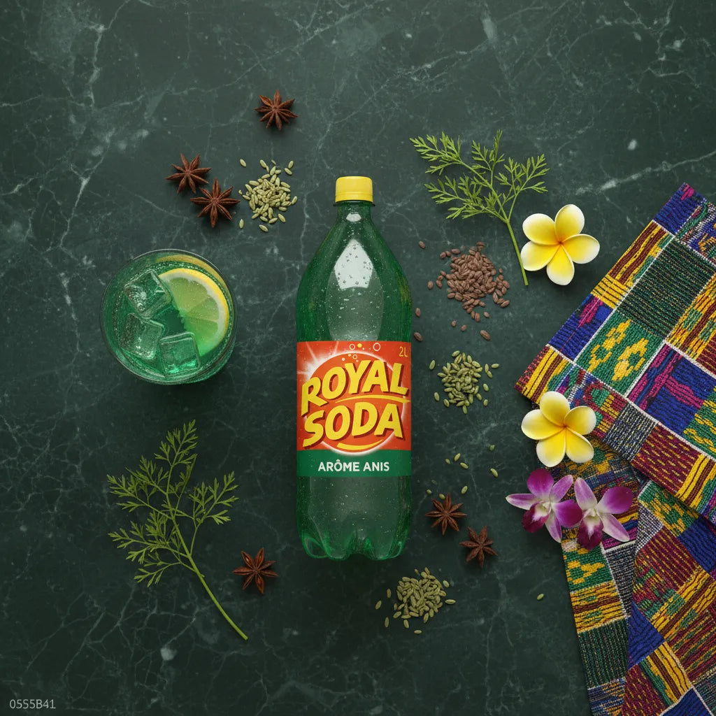 Bouteille de ROYAL SODA anis entourée d'épices et fleurs exotiques sur fond marbré, illustrant son goût unique et naturel d'anis.