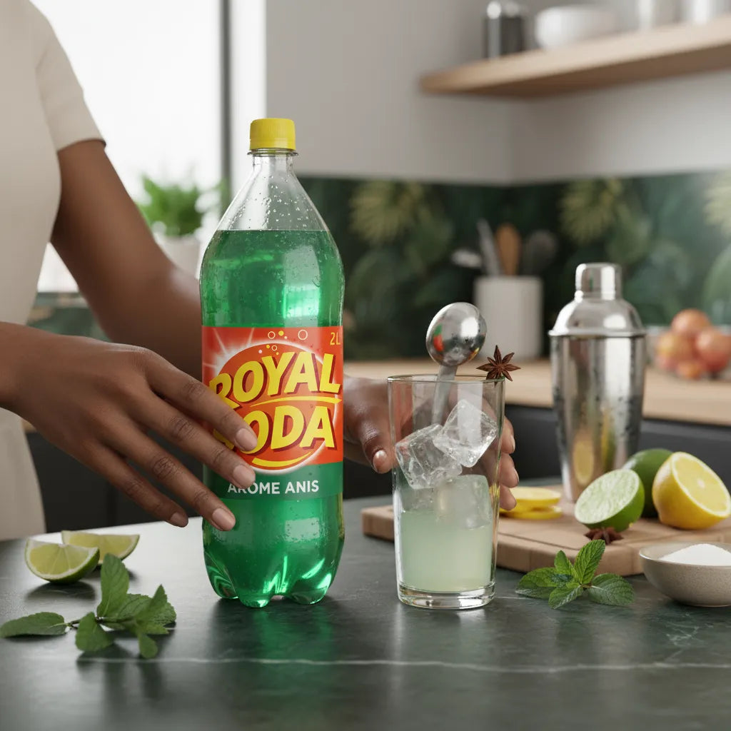 Préparation d’un cocktail avec ROYAL SODA anis, glaçons, citron vert et menthe, mettant en avant sa fraîcheur et son arôme distinctif.