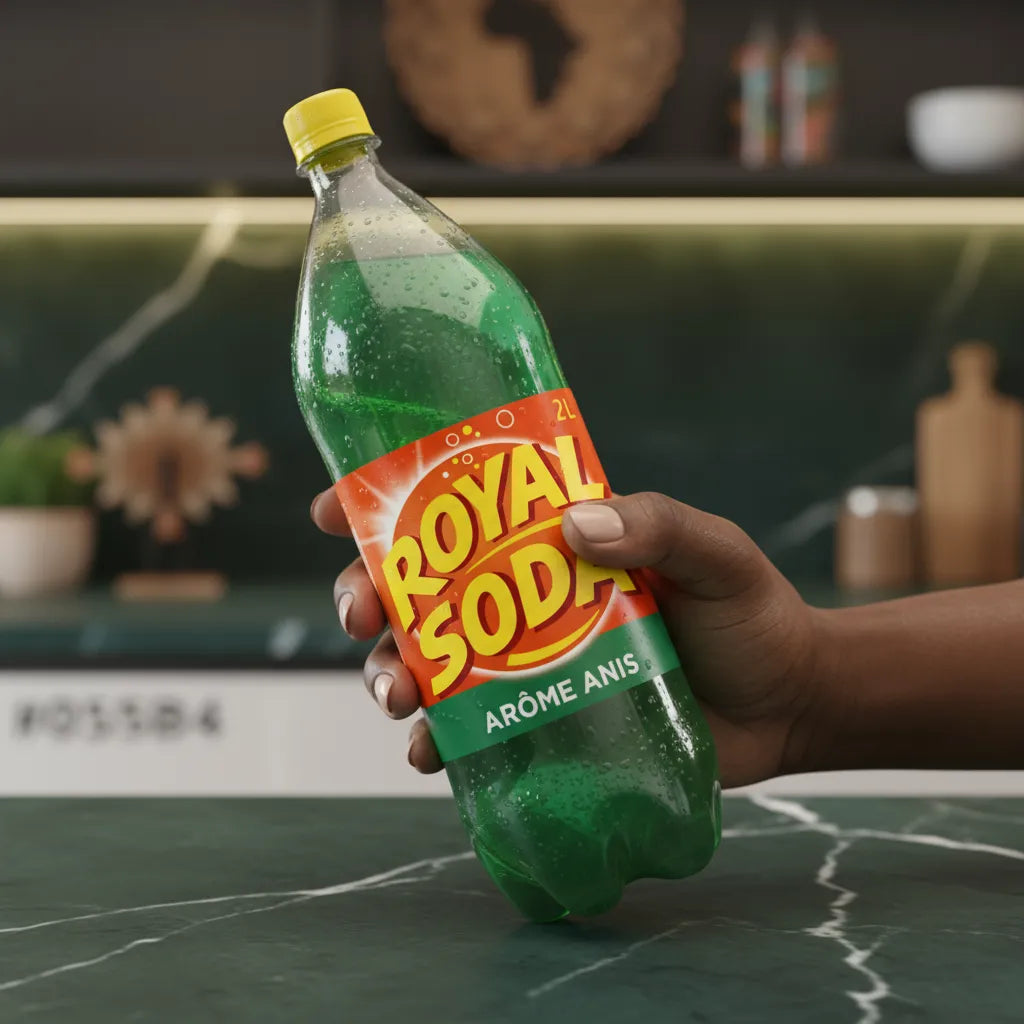 Main tenant une bouteille de ROYAL SODA arôme anis, boisson gazeuse rafraîchissante au goût unique, parfaite pour toutes les occasions.