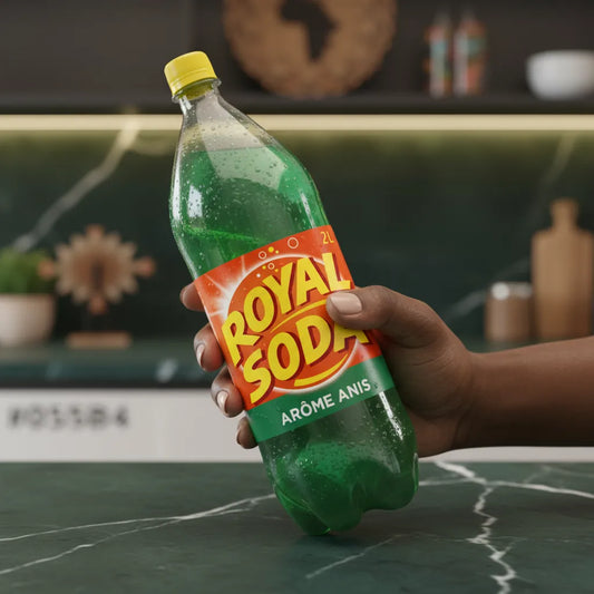 Main tenant une bouteille de ROYAL SODA arôme anis, boisson gazeuse rafraîchissante au goût unique, parfaite pour toutes les occasions.