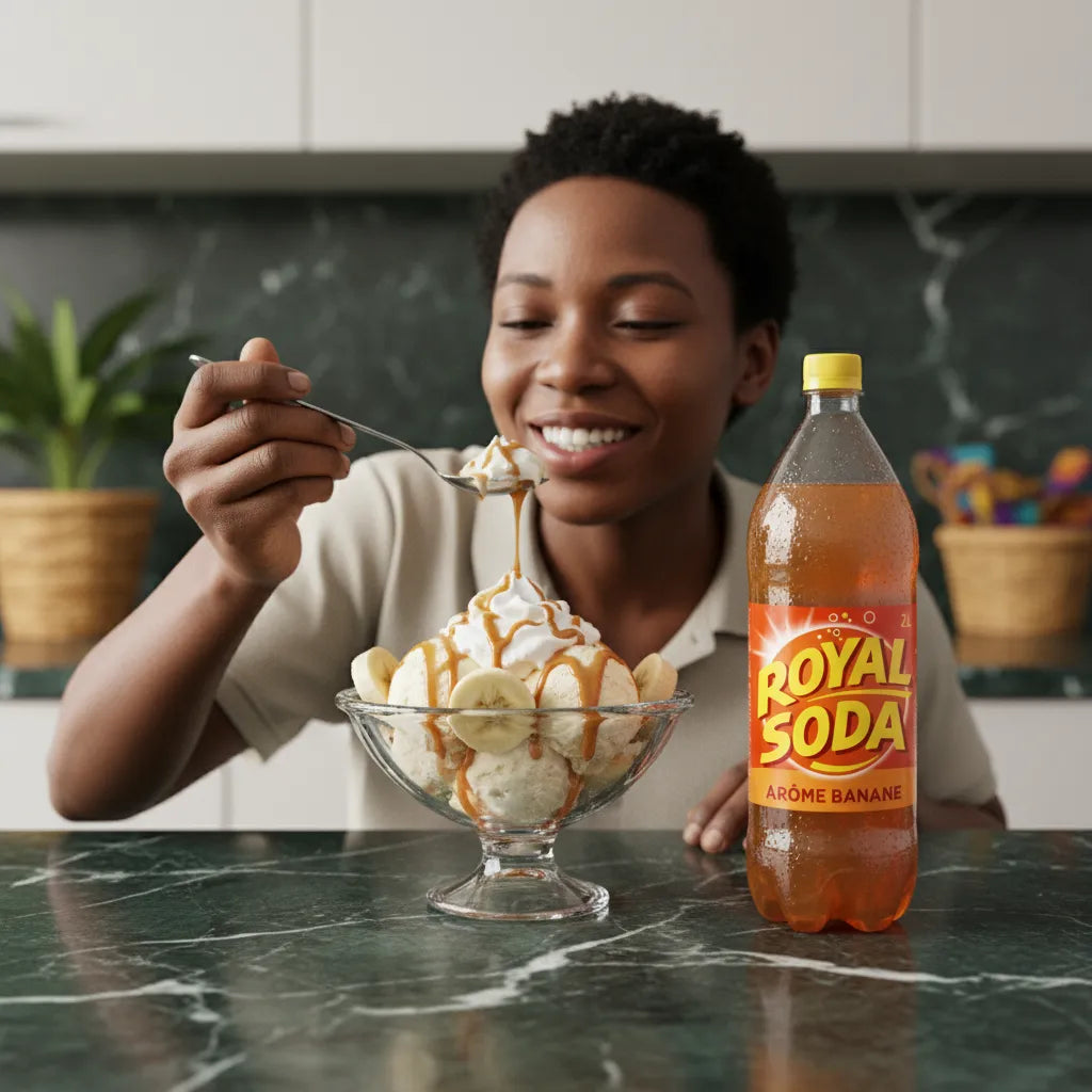 Femme dégustant une coupe glacée à la banane avec une bouteille de ROYAL SODA arôme banane, boisson douce et fruitée en accompagnement.