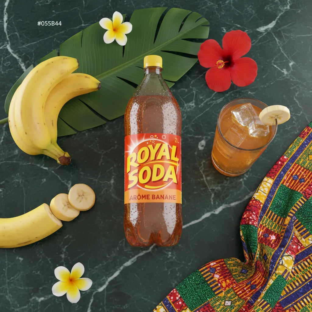 ROYAL SODA goût banane posé sur une table avec bananes, fleurs tropicales et tissu coloré, soda exotique parfait pour l'été.