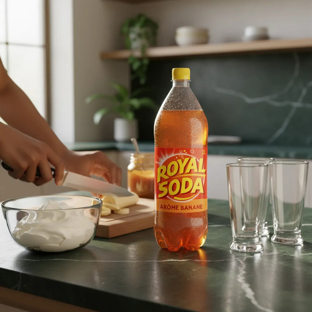 Préparation d’un dessert à la banane avec une bouteille de ROYAL SODA arôme banane sur le plan de travail, boisson idéale pour accompagner les douceurs.
