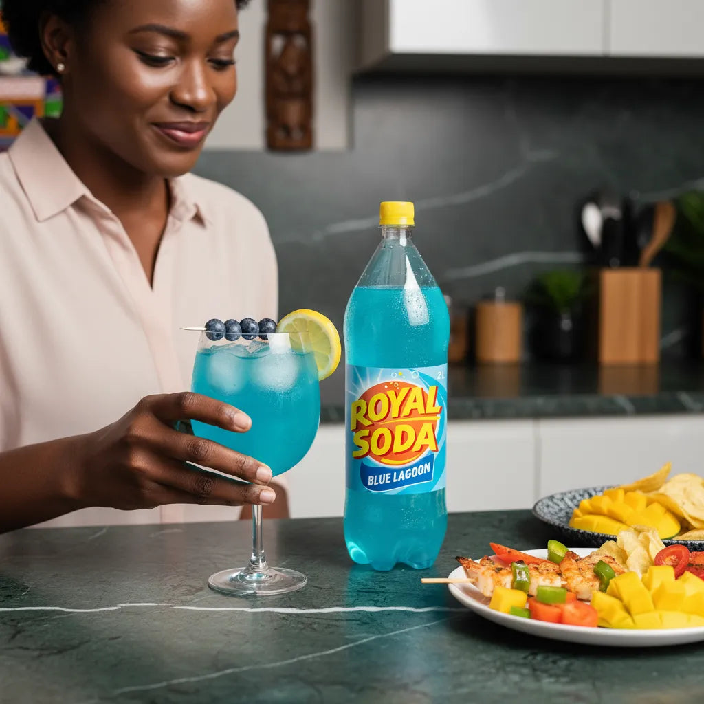 Femme dégustant un cocktail au Soda Blue Lagon ROYAL SODA, boisson pétillante fruitée servie avec des fruits exotiques lors d’un repas convivial.