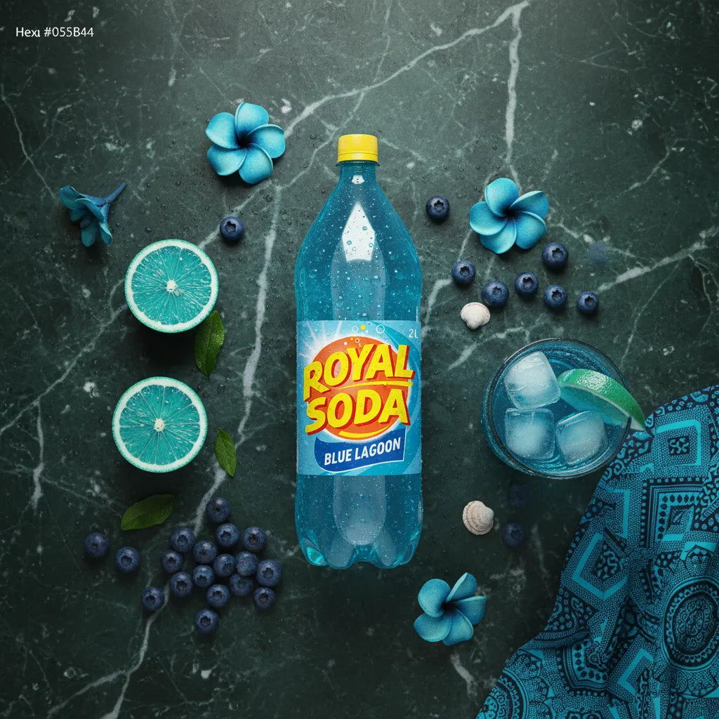 Soda Blue Lagon ROYAL SODA entouré de myrtilles, citron vert et fleurs bleues, illustrant ses arômes tropicaux et son style rafraîchissant.