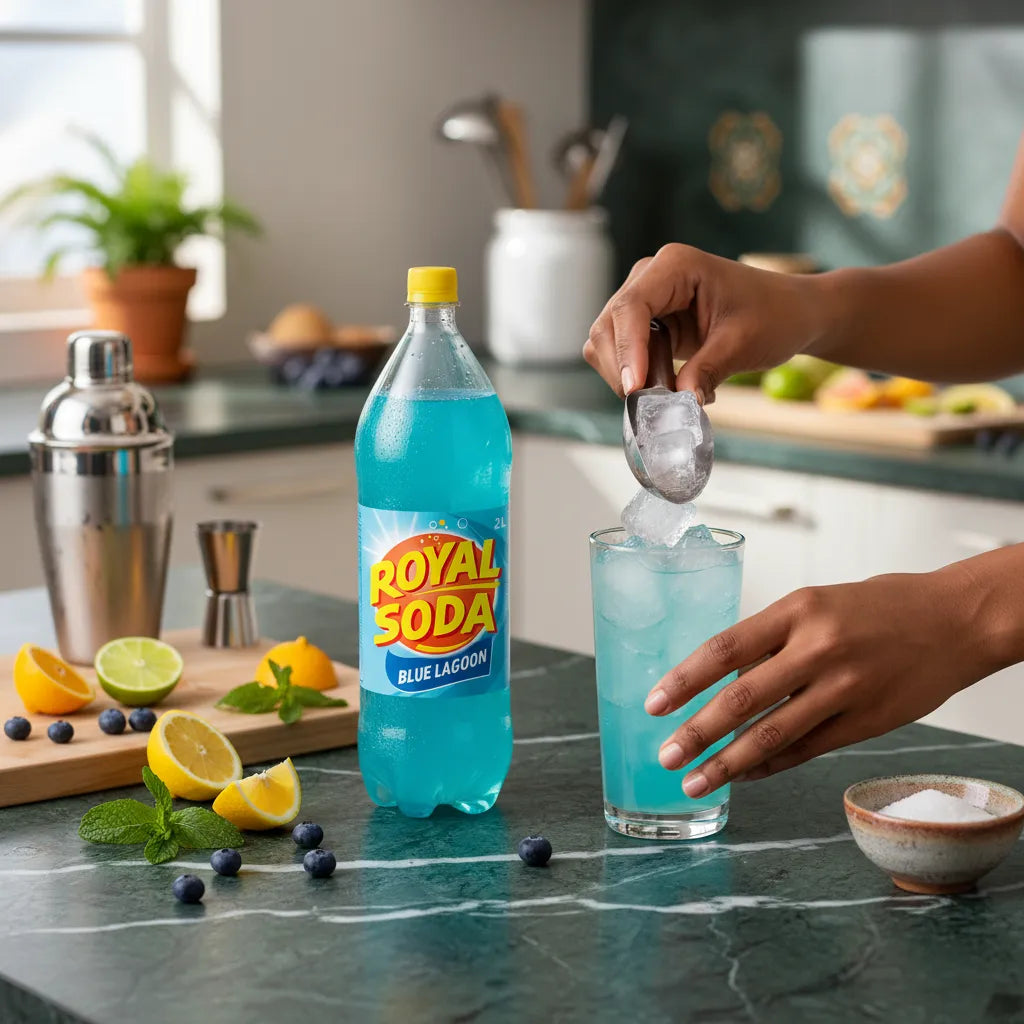 Préparation d’un cocktail glacé au Soda Blue Lagon ROYAL SODA dans une cuisine moderne, mettant en valeur sa fraîcheur et son goût fruité.