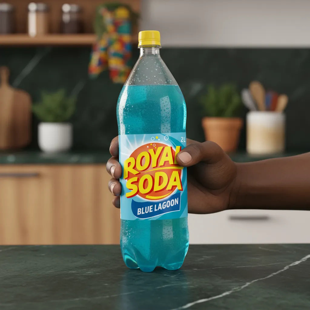 Main tenant une bouteille de Soda Blue Lagon ROYAL SODA, boisson gazeuse tropicale parfaite pour se désaltérer à tout moment de la journée.