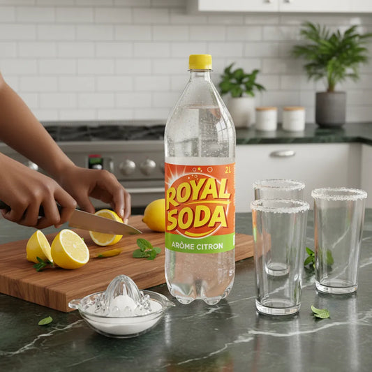 Préparation de boisson avec ROYAL SODA Citron et citrons frais, ambiance cuisine conviviale. Soda pétillant prêt à être servi dans des verres givrés.