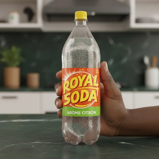 Main tenant une bouteille de ROYAL SODA Citron 2L, mettant en valeur son design pétillant. Boisson gazeuse citronnée idéale pour se désaltérer.