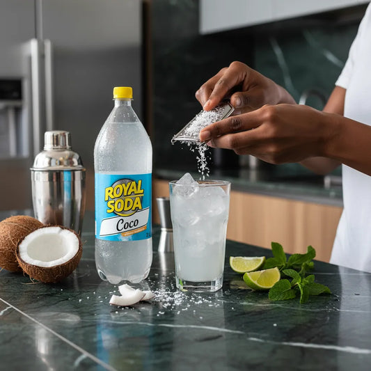 Préparation d’un cocktail avec soda coco ROYAL SODA 2L, glaçons, noix de coco râpée, menthe et citron vert sur plan de travail moderne.