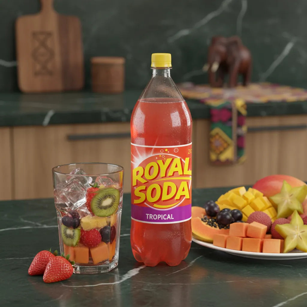 Soda Tropical ROYAL SODA servi avec des fruits frais dans un verre glacé, parfait pour un rafraîchissement exotique à la maison.
