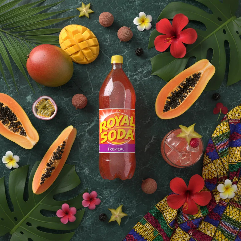 ROYAL SODA Tropical entouré de fruits exotiques comme mangue, papaye et fruit de la passion, illustrant son goût tropical pétillant.