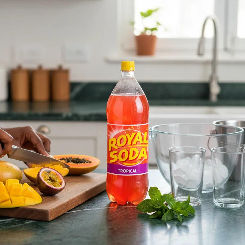 Préparation d'une boisson fraîche avec ROYAL SODA Tropical et des fruits exotiques coupés, idéale pour une pause désaltérante.