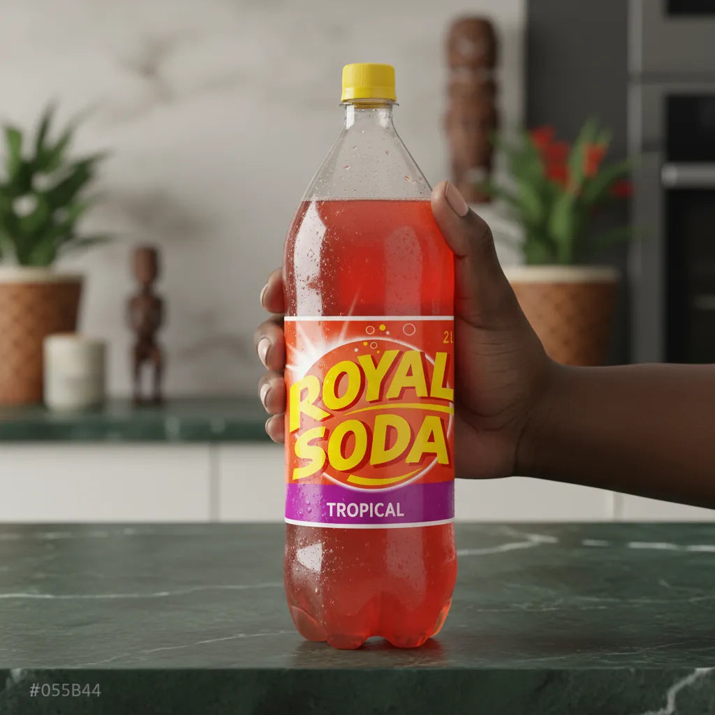Main tenant une bouteille de ROYAL SODA Tropical 2L, boisson gazeuse fruitée parfaite pour un moment de fraîcheur exotique.