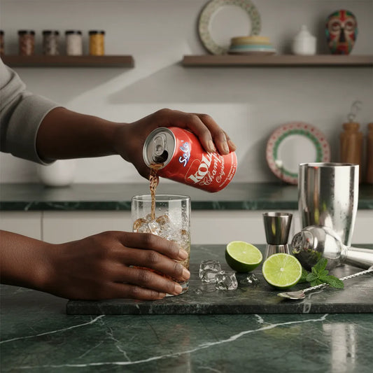 Versement de Kola Champion SOLO dans un verre avec glaçons sur un plan de travail, boisson gazeuse cola parfaite pour des cocktails rafraîchissants.