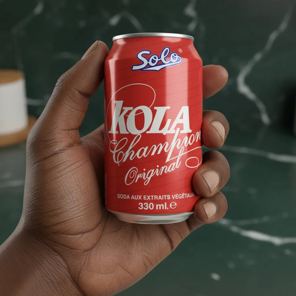 Main tenant une canette de Kola Champion SOLO 330 ml, soda cola au goût unique. Boisson pratique à emporter au design rouge distinctif.