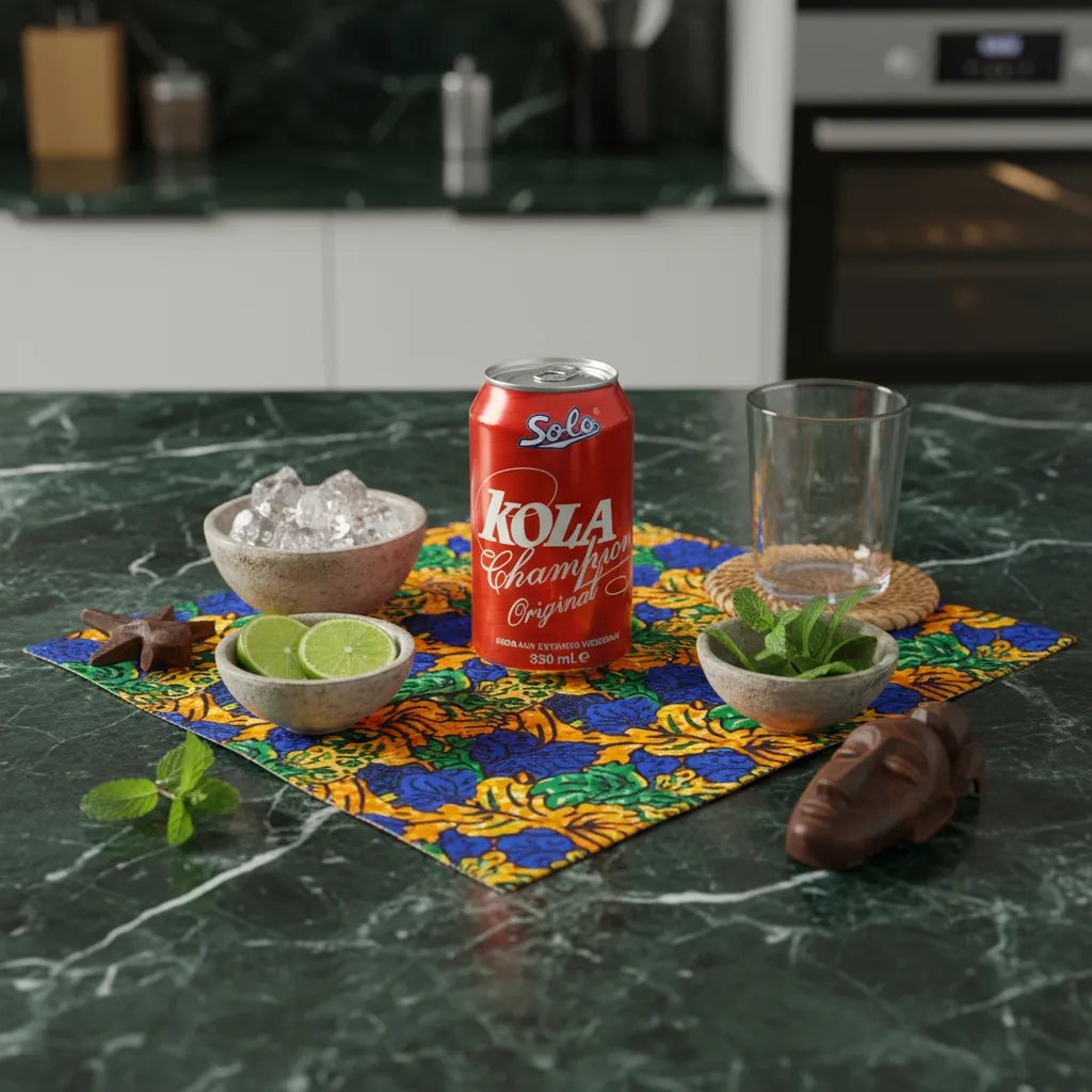 Canette de Kola Champion SOLO posée sur une nappe colorée avec glaçons, citron vert et menthe. Boisson gazeuse cola idéale pour une dégustation fraîche.
