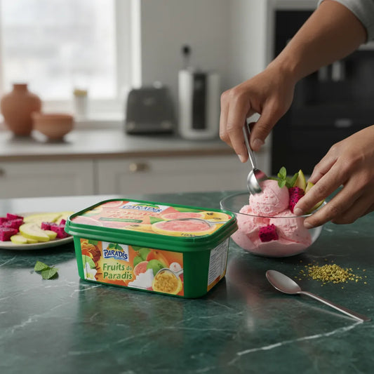 Préparation d’un dessert avec glace goût goyave PARADIS GLACE, servi avec fruits frais et menthe, sur un plan de travail en cuisine.