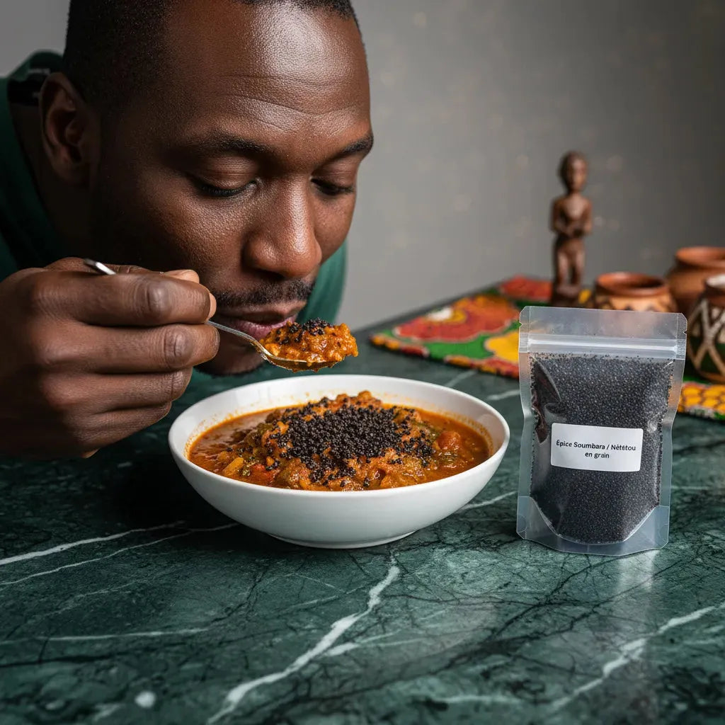 Homme dégustant un plat africain épicé avec Soumbara / Nététou en grain, sachet d'épice visible à côté du bol fumant.
