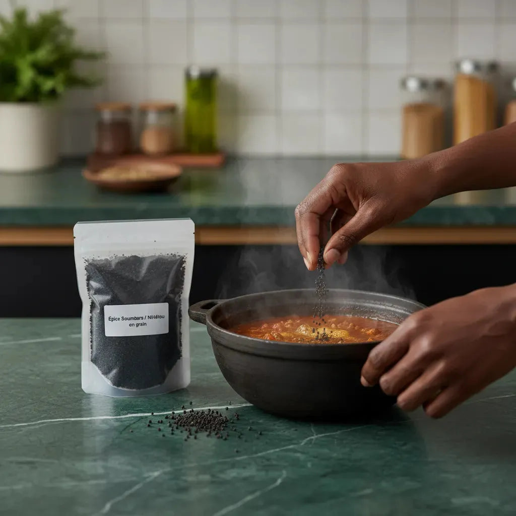 Main saupoudrant Soumbara / Nététou en grain dans une marmite, sachet d'épice posé à côté, cuisine africaine traditionnelle.