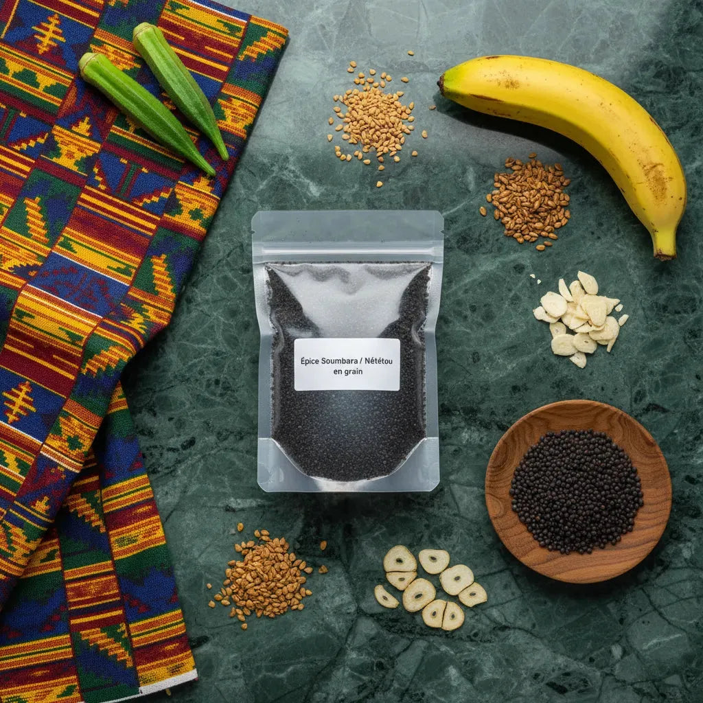 Sachet d'épice Soumbara / Nététou en grain posé sur une table avec ingrédients africains, saveur intense et fermentation naturelle.