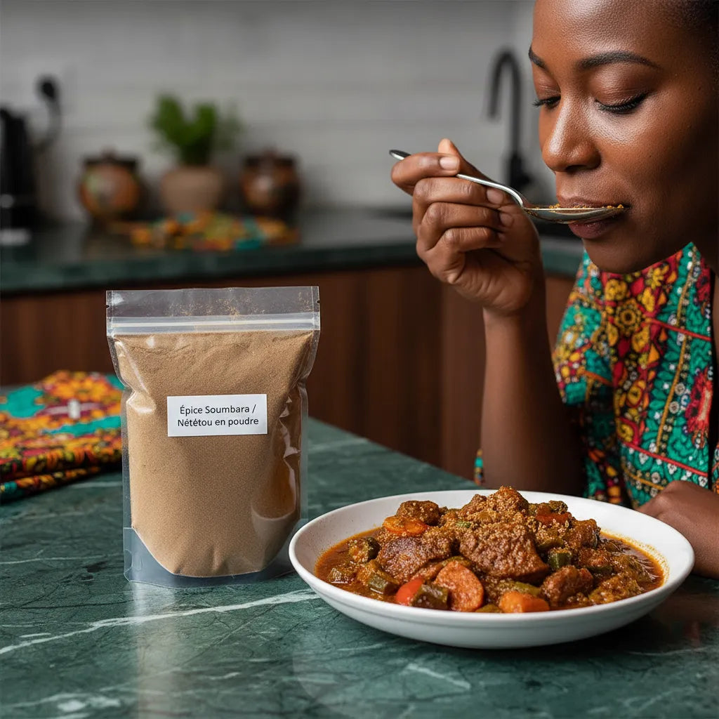 Femme dégustant un plat mijoté assaisonné avec l'épice Soumbara en poudre, produit d'épicerie salée ouest-africaine sur la table.