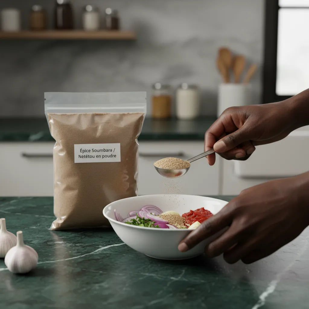 Main versant l'épice Soumbara en poudre dans un bol de légumes, assaisonnement traditionnel pour cuisine africaine authentique.