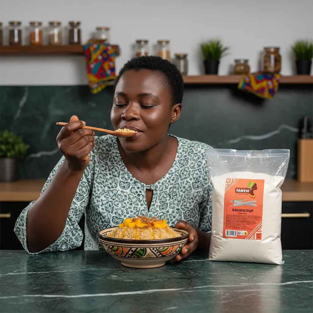 Soungouf TANTIE - Authentique Cuisine | Traditionnelle & Savoureuse, dégustation d’un plat traditionnel préparé avec la farine de mil TANTIE.