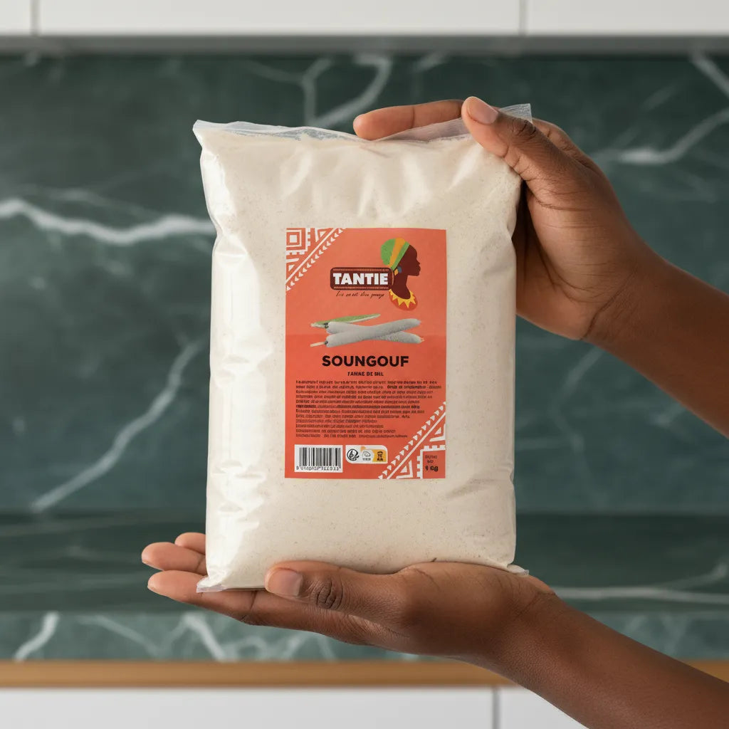 Soungouf TANTIE - Authentique Cuisine | Traditionnelle & Savoureuse, farine de mil tenue en mains, idéale pour cuisine africaine traditionnelle.