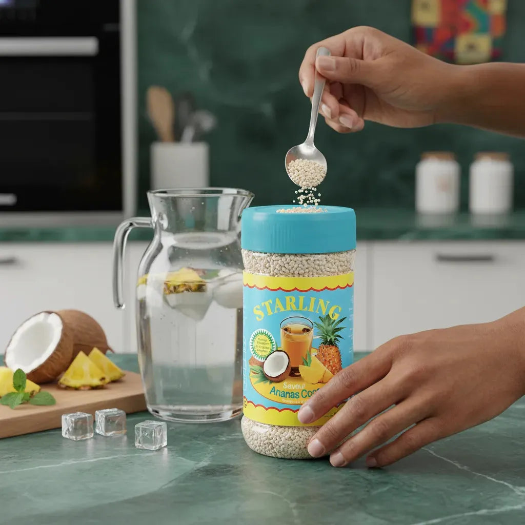Préparation du thé instantané STARLING ananas coco avec cuillère et carafe d’eau, ambiance cuisine fraîche et exotique.