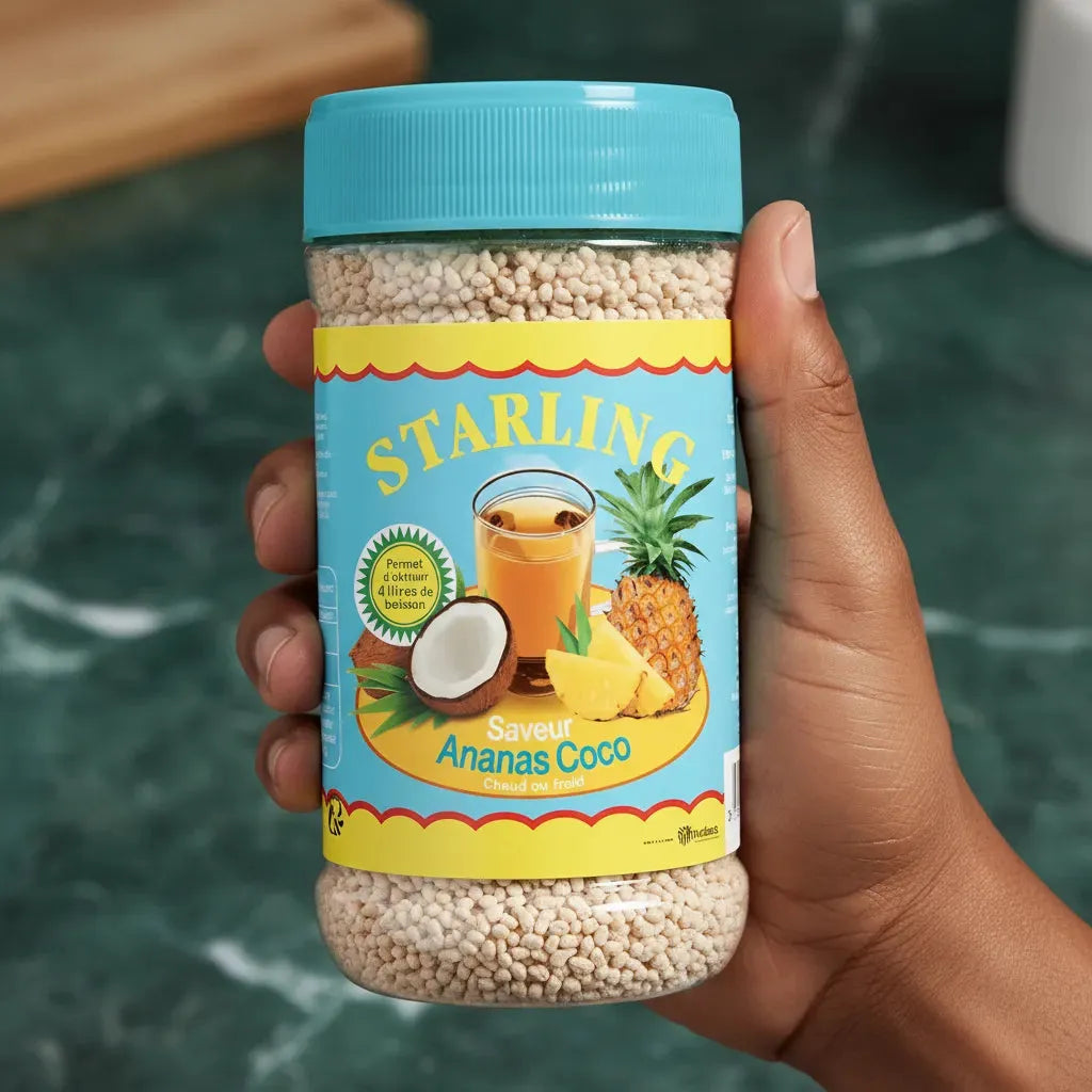 Main tenant un pot de thé STARLING saveur ananas coco, étiquette colorée et promesse de boisson fruitée rapide à préparer.
