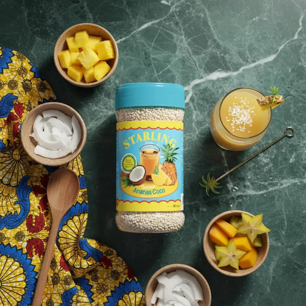 Thé STARLING ananas coco entouré de fruits frais tropicaux sur table en marbre, idéal pour boissons estivales rafraîchissantes.