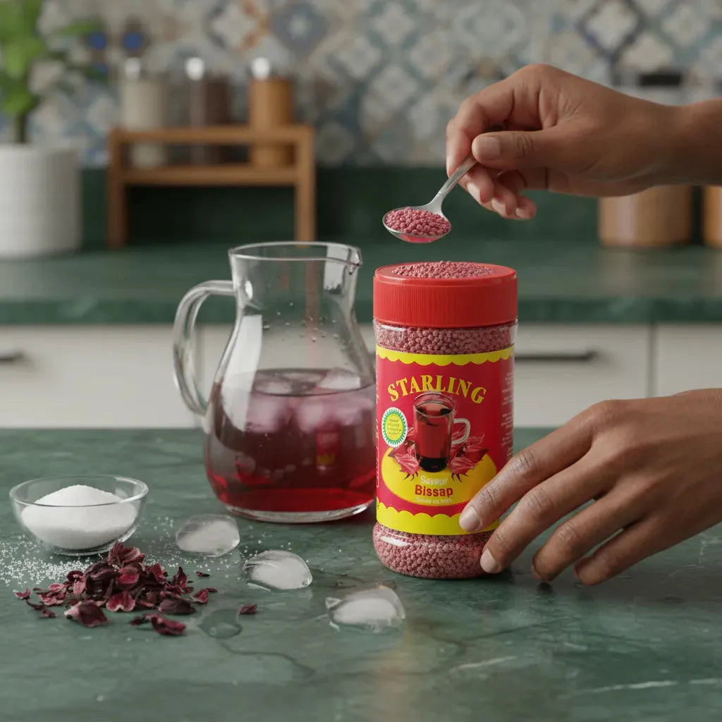 Préparation du Thé au Bissap STARLING avec une cuillère de granulés versée dans une carafe, boisson instantanée rafraîchissante à base d’hibiscus.