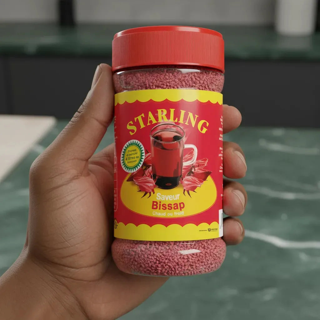 Pot de Thé au Bissap STARLING tenu en main, thé instantané à saveur bissap, idéal pour une infusion rapide et rafraîchissante.