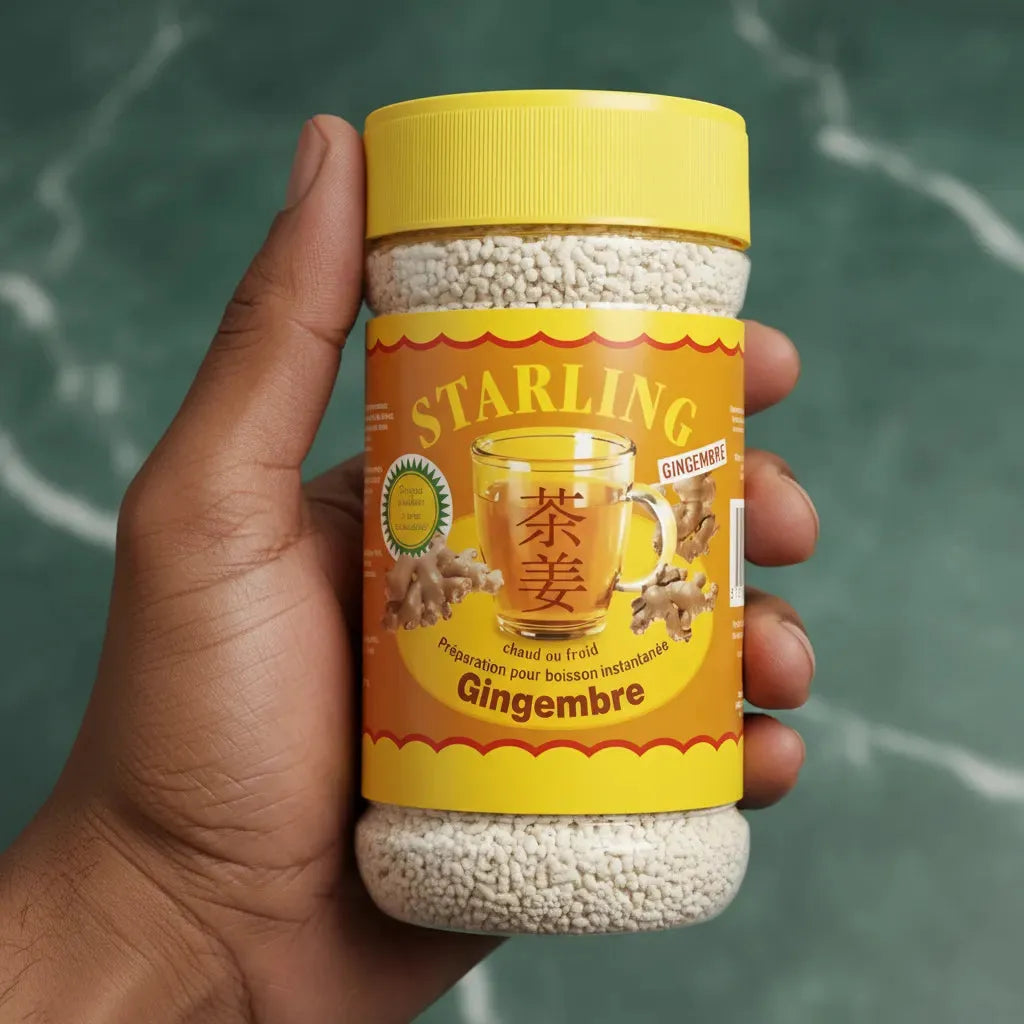 Main tenant un pot de thé au gingembre STARLING, granulés visibles à travers le plastique transparent. Thé instantané pratique à préparer.