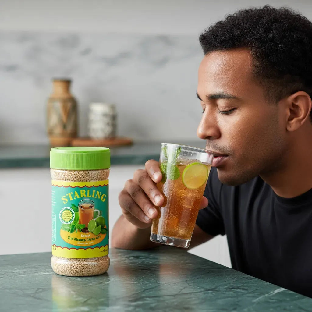 Homme dégustant un verre de thé menthe citron vert STARLING, boisson rafraîchissante à base de thé instantané, idéale pour l'été.