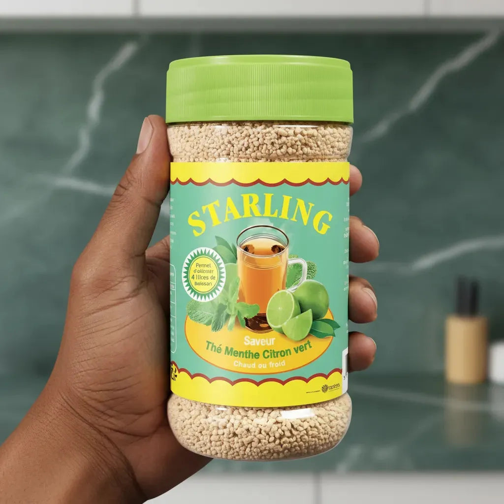 Main tenant un pot de thé menthe citron vert STARLING, thé instantané à la menthe douce et citron vert acidulé, prêt en quelques secondes.