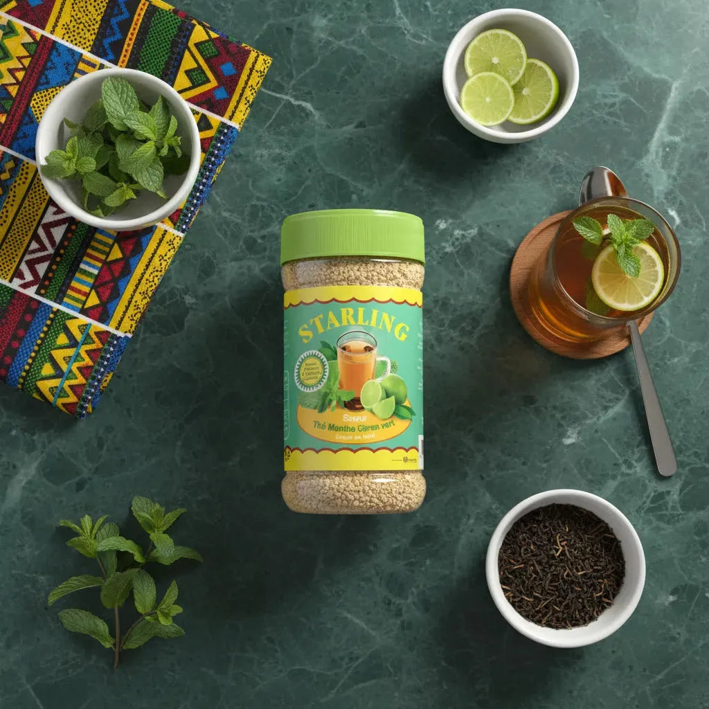 Thé menthe citron vert STARLING sur table en marbre avec ingrédients frais : menthe, citron vert, thé noir, boisson servie avec glaçons.