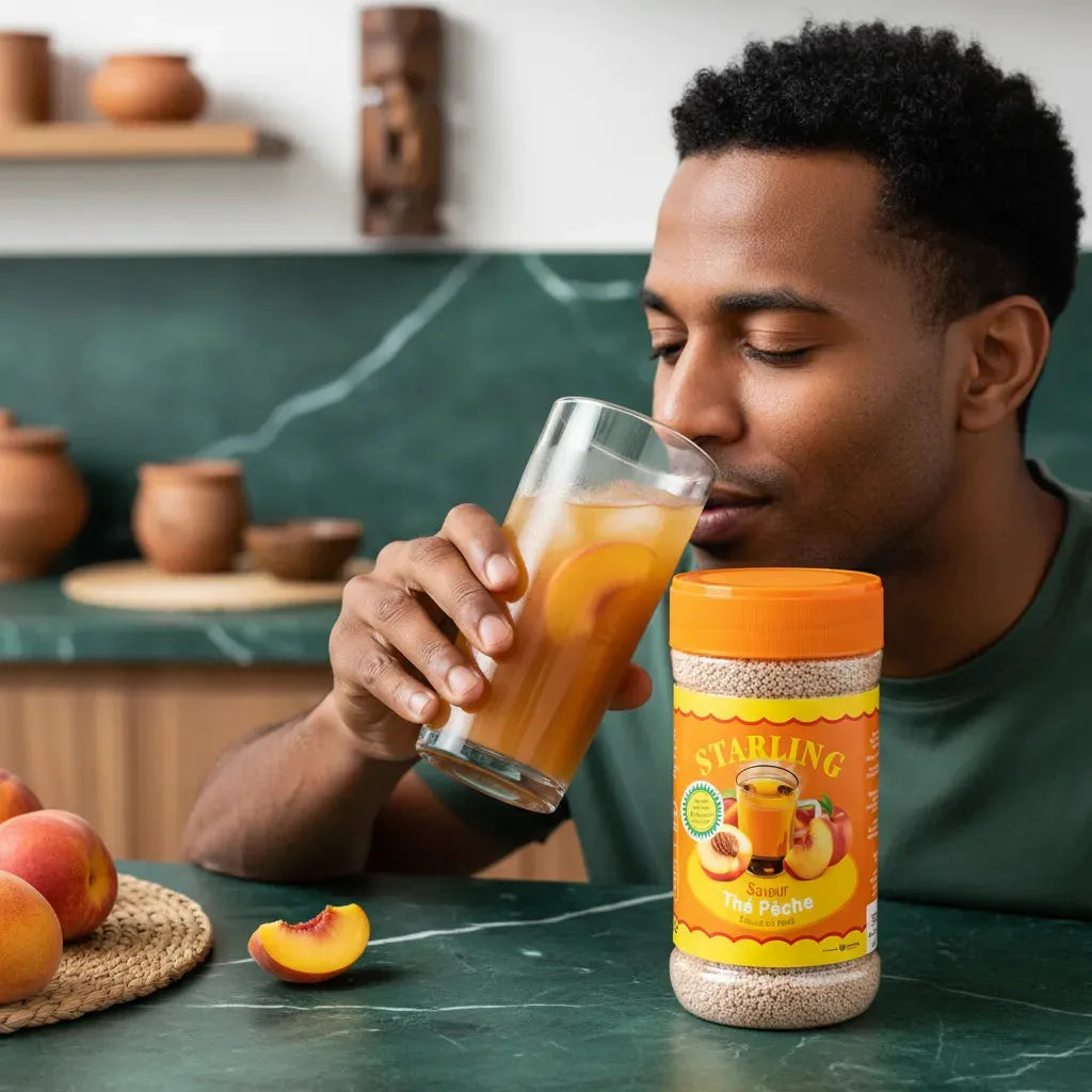 Homme dégustant un verre de thé à la pêche STARLING, boisson instantanée savoureuse à consommer chaude ou froide.