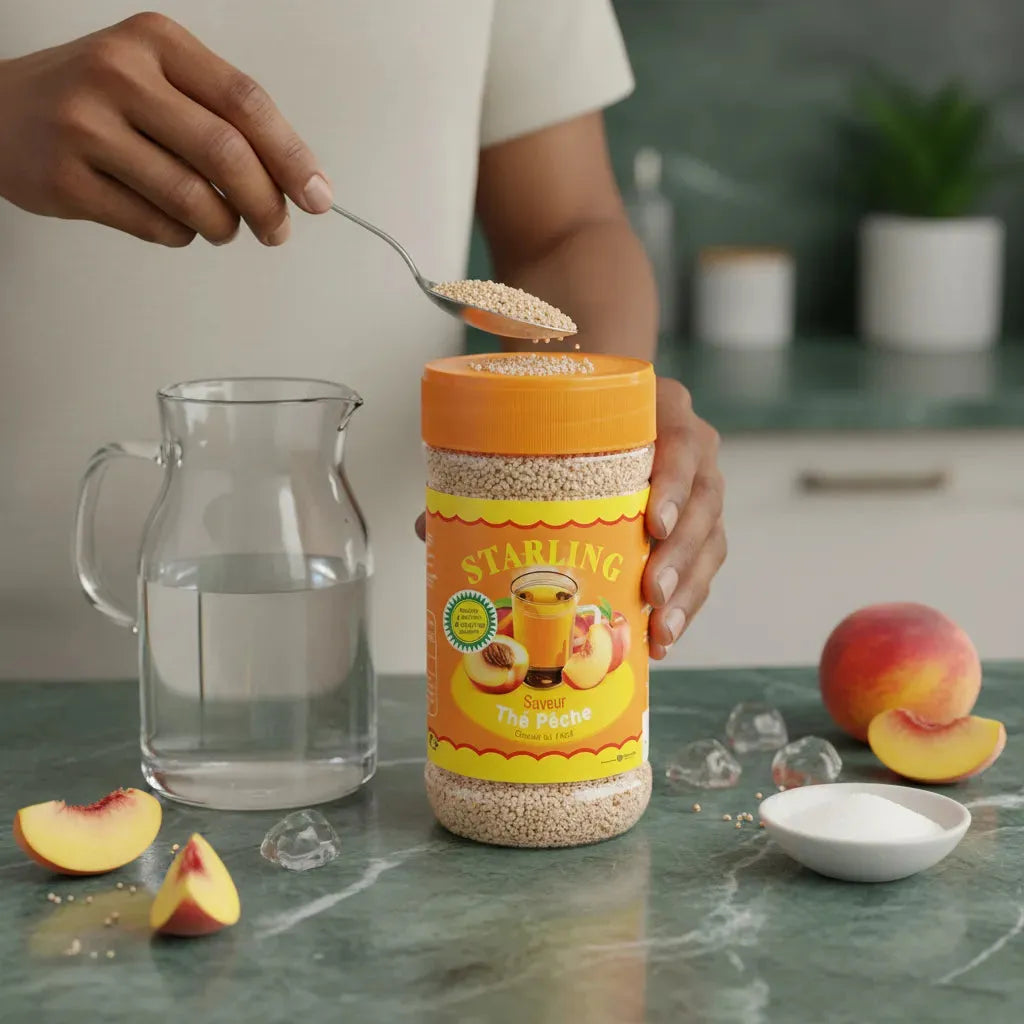 Préparation du thé à la pêche STARLING avec une cuillère de granulés versée dans une carafe d’eau, boisson instantanée facile à préparer.