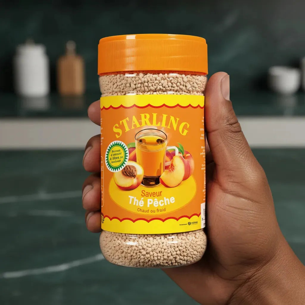 Main tenant un pot de thé à la pêche STARLING, thé instantané à la pêche, idéal pour une préparation rapide et savoureuse.