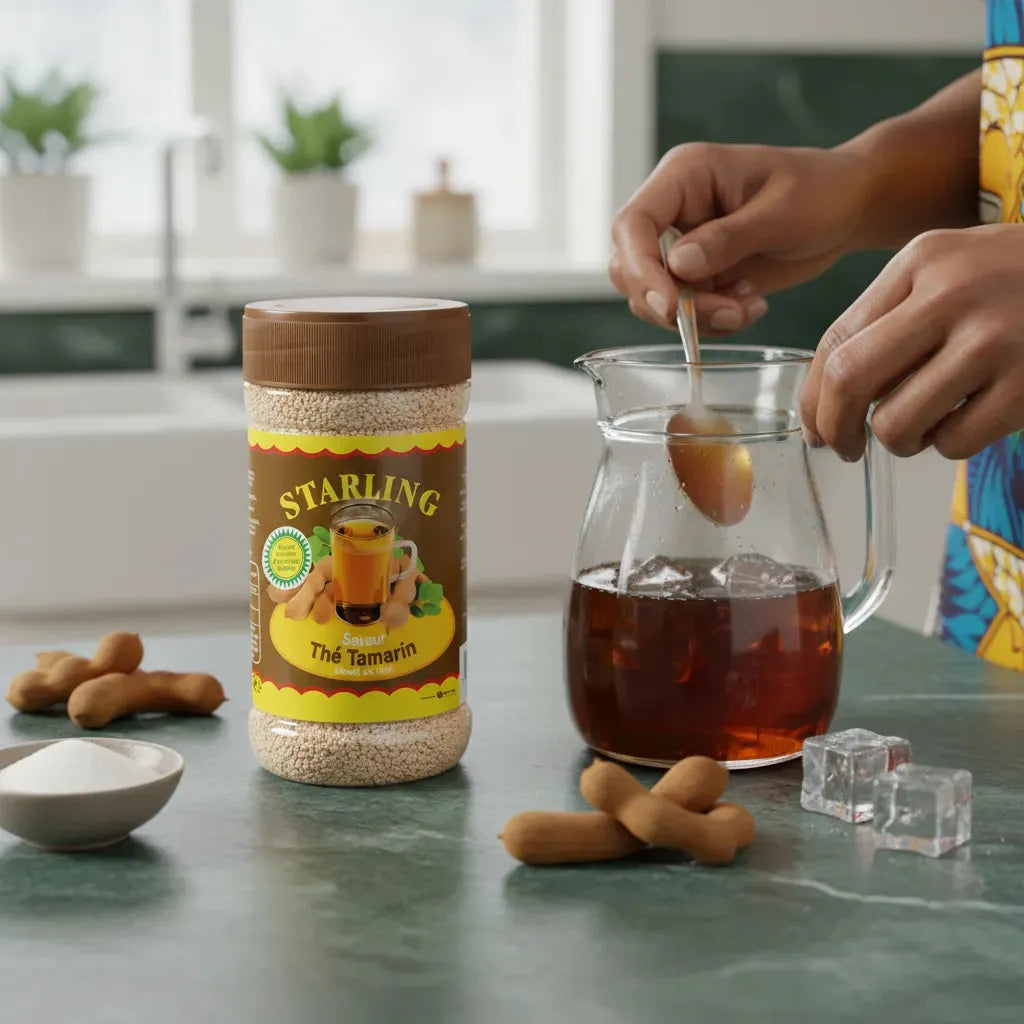 Préparation du thé tamarin STARLING dans une carafe, boisson instantanée chaude ou froide à base de tamarin, idéale pour toute occasion.