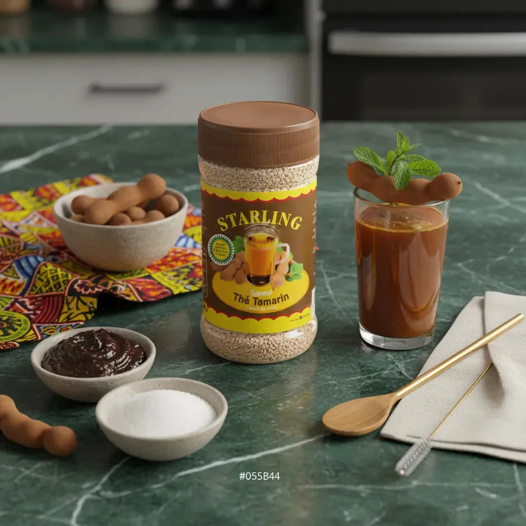 Thé tamarin STARLING présenté avec tamarin, sucre et pâte de tamarin sur table, boisson instantanée chaude ou froide au goût unique.